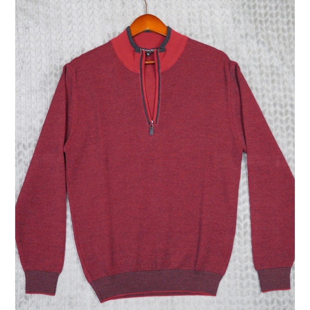 Marcello Sport 1/4 Zip Sweater‎ Mens M Red Textured Knit Pullover Mock Neck